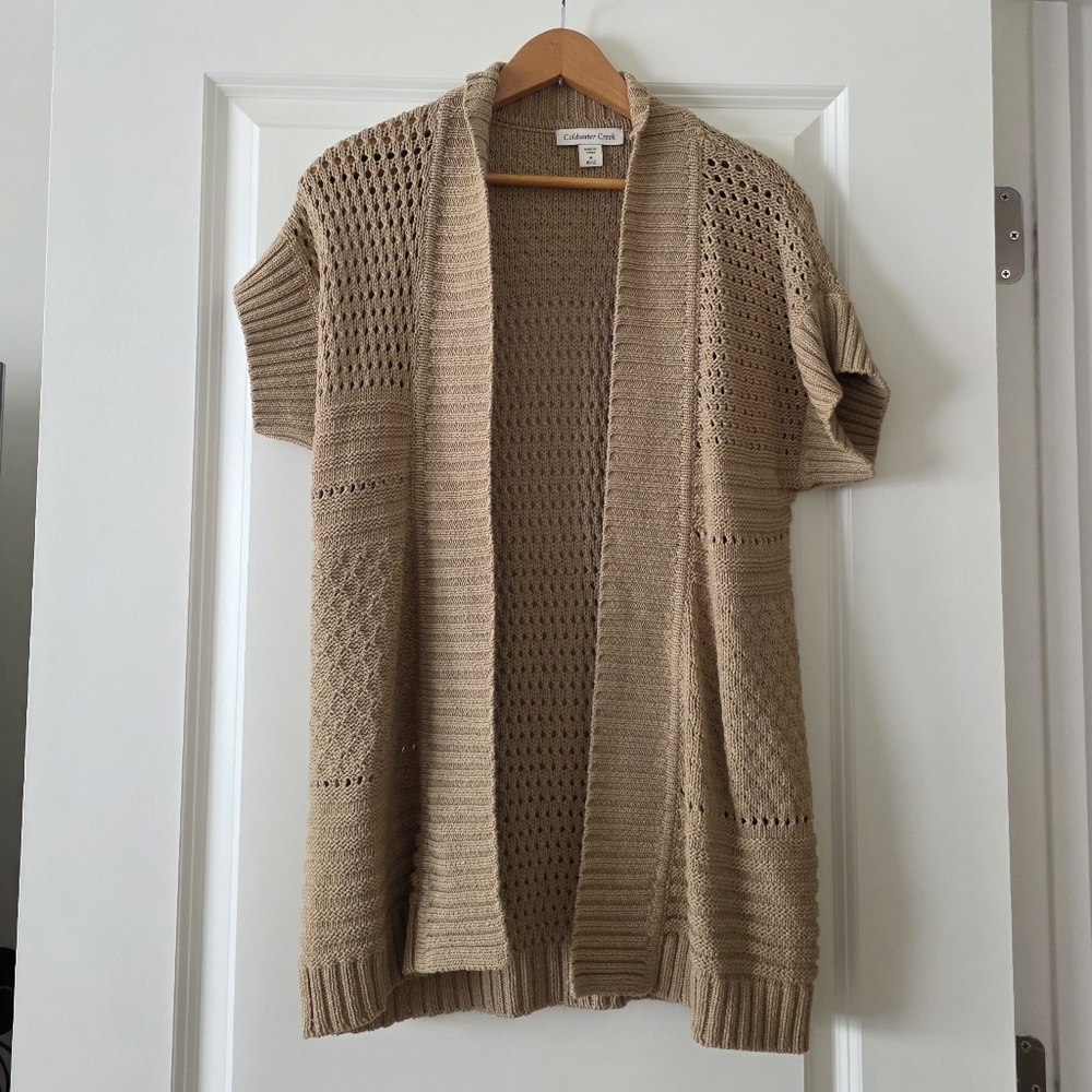 Coldwater Creek Knit Open Shortsleeve Cardigan Sweater Womens M Tan Cotton Blend